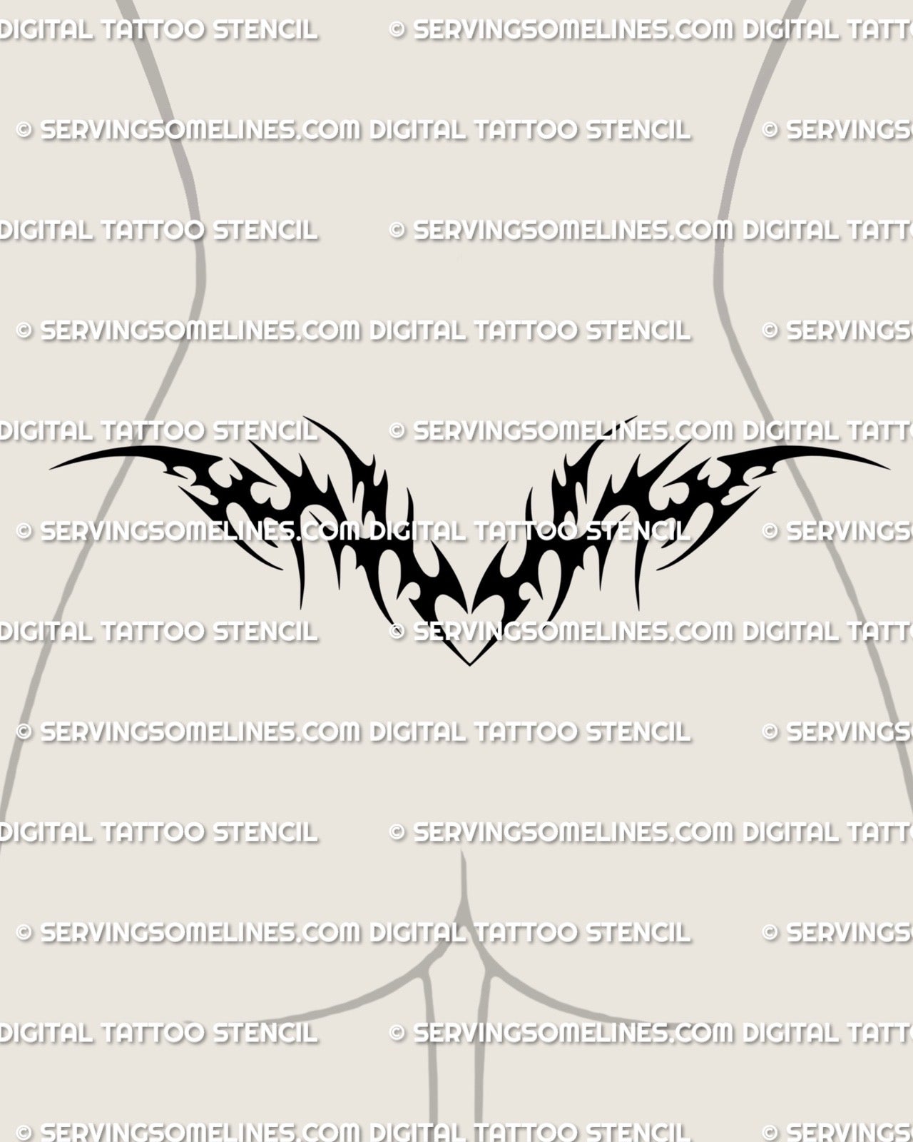 Black tribal lower back tattoo shown on female lower back placement with a wide solid-filled spread and subtle heart-shaped center