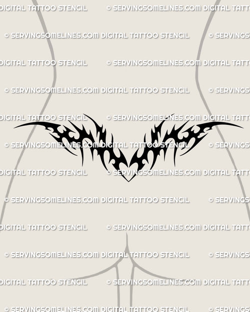 Black tribal lower back tattoo shown on female lower back placement with a wide solid-filled spread and subtle heart-shaped center