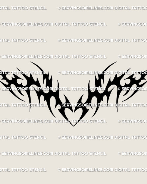 Black tribal lower back tattoo stencil design with bold black fill, sharp outer points, and a centered heart detail