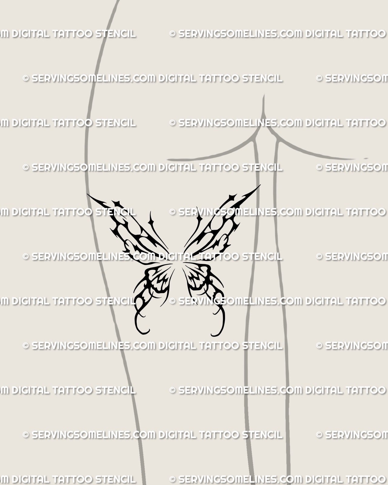 Black wings tattoo stencil shown on women’s back of thigh mockup with a balanced symmetrical wing design