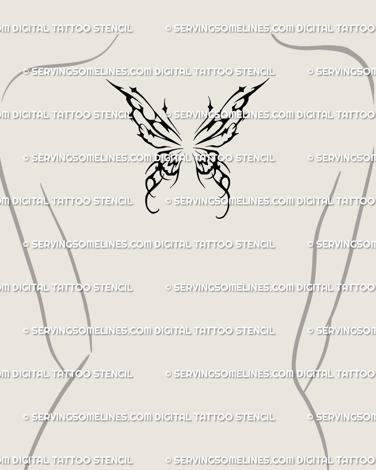 Black wings tattoo stencil shown in a smaller women’s upper back preview with a centered symmetrical wing layout