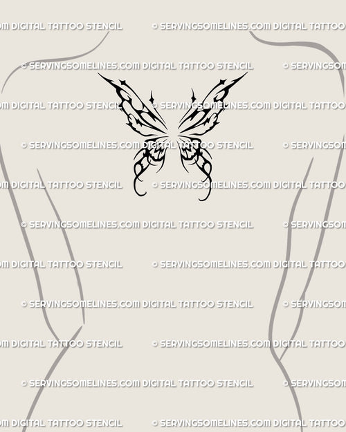 Black wings tattoo stencil shown in a smaller women’s upper back preview with a centered symmetrical wing layout