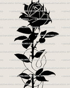 Close-up of black tribal rose tattoo stencil with serpent detail, sharp ornamental linework mixing beauty and protection.
