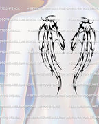 Back mockup showing a blackwork demon wings upper back tattoo stencil with a wide high-back silhouette and dark winged shape