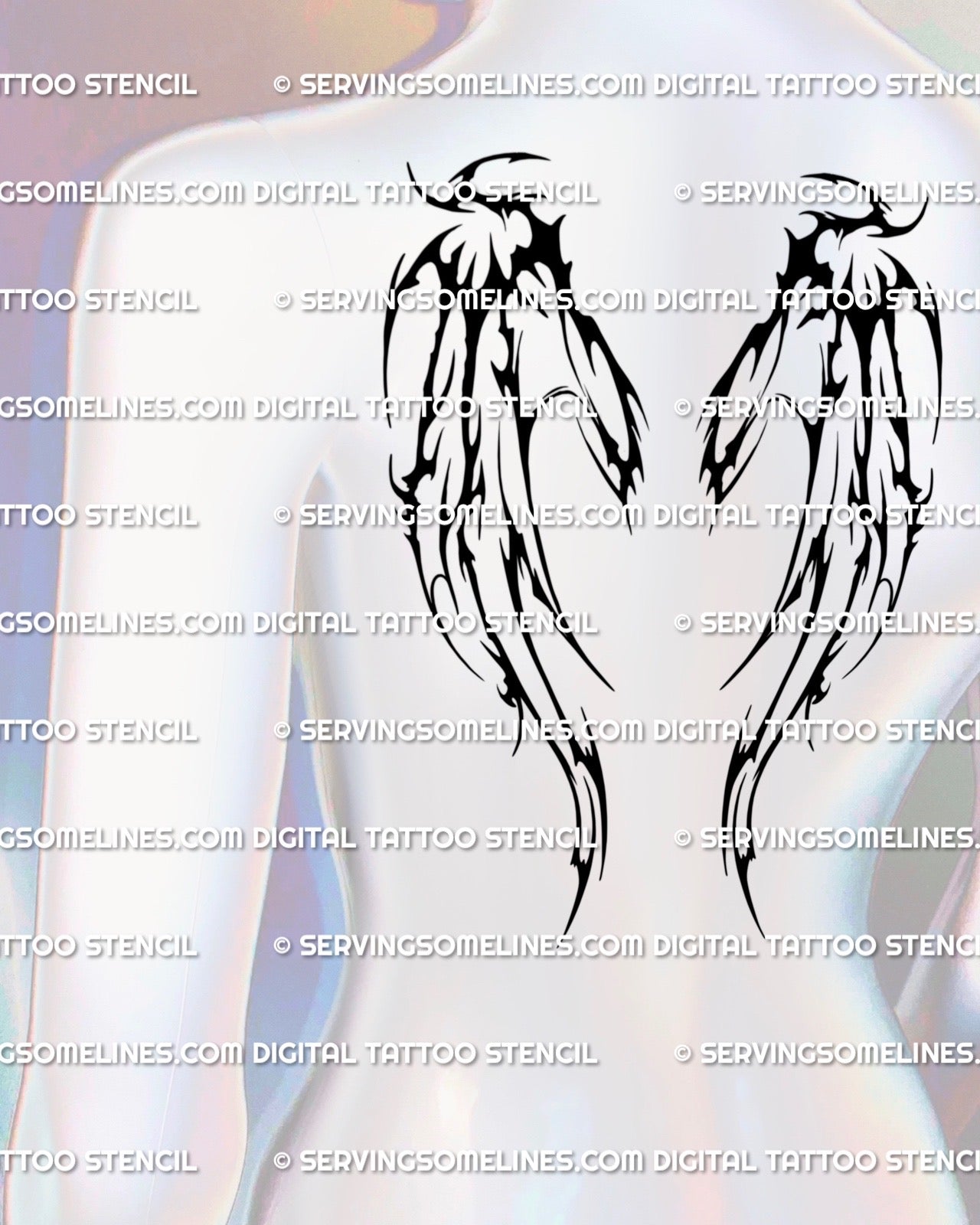 Back mockup showing a blackwork demon wings upper back tattoo stencil with a wide high-back silhouette and dark winged shape