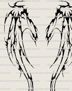 Close detail of a blackwork demon wings upper back tattoo stencil with solid dark fill and pointed gothic wing shapes