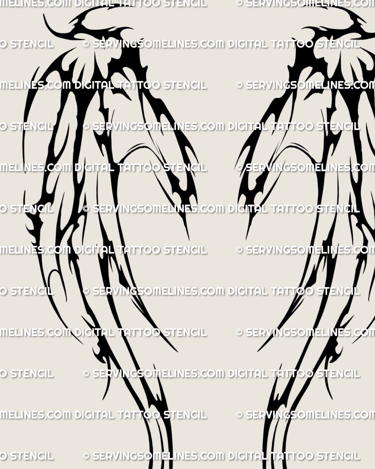 Close detail of a blackwork demon wings upper back tattoo stencil with solid dark fill and pointed gothic wing shapes