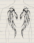 Men’s back placement showing a blackwork demon wings upper back tattoo stencil with strong upper-back framing and bold contrast