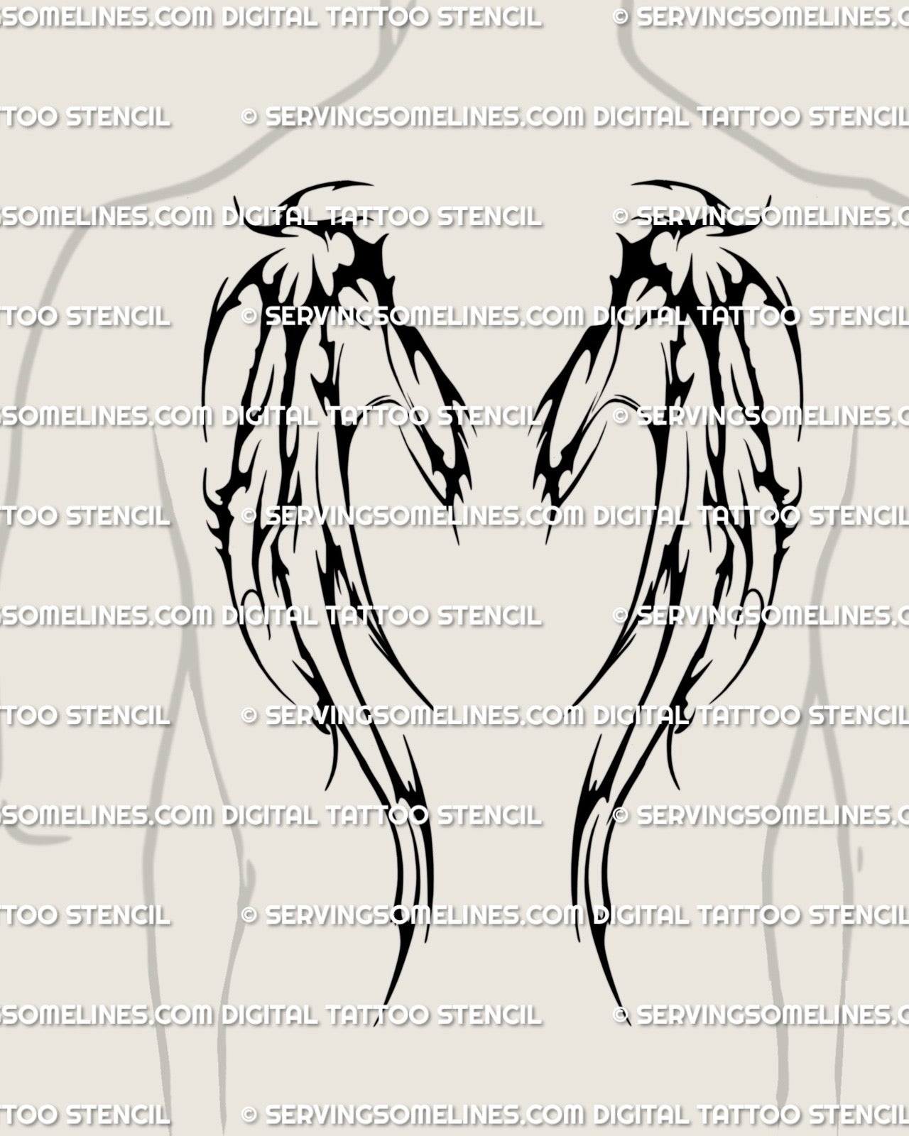 Men’s back placement showing a blackwork demon wings upper back tattoo stencil with strong upper-back framing and bold contrast