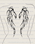 Women’s back placement showing a blackwork demon wings upper back tattoo stencil with bold neotribal fill and wide shoulder spread