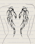 Women’s back placement showing a blackwork demon wings upper back tattoo stencil with bold neotribal fill and wide shoulder spread