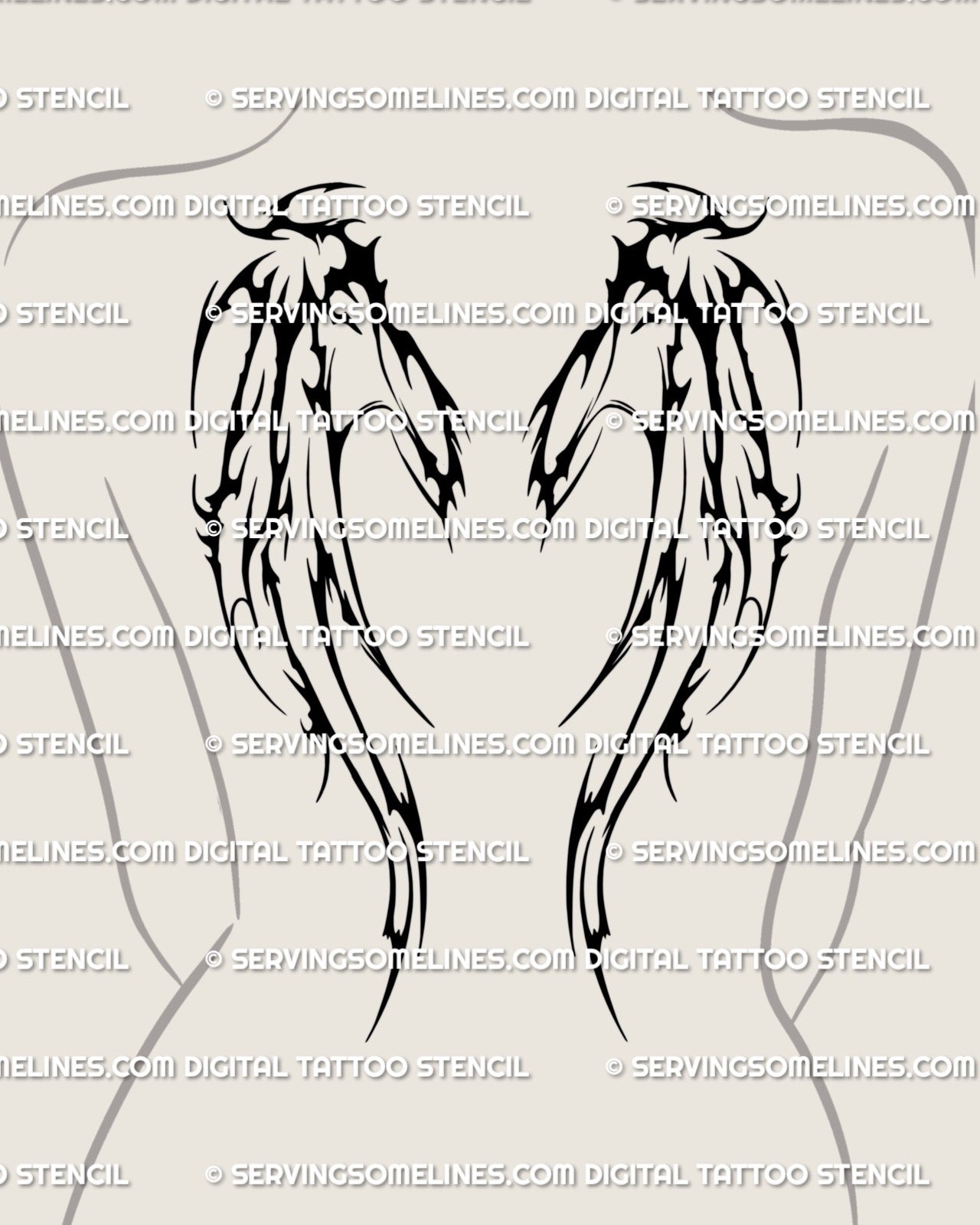 Women’s back placement showing a blackwork demon wings upper back tattoo stencil with bold neotribal fill and wide shoulder spread