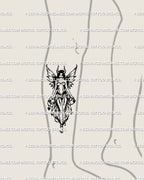 Gothic dark fairy lower leg tattoo stencil, blackwork line art with horns and wings shown as digital design preview. 