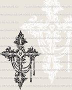 Modern gothic cross tattoo stencil product with ornamental blackwork chains and heart accent created as printable digital stencil file