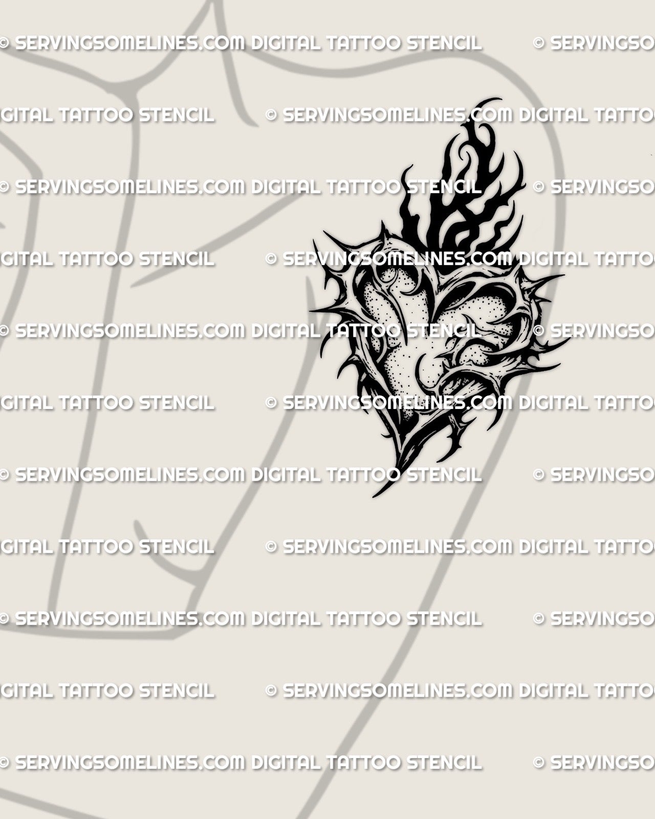 Blackwork gothic heart tattoo stencil displayed on a woman’s arm, bold thorned silhouette shown as a professional stencil product for tattoo artists