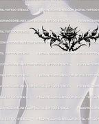 blackwork gothic rose tattoo stencil for men displayed on upper back placement, thorned dark rose artwork offered as a downloadable product for tattoo clients