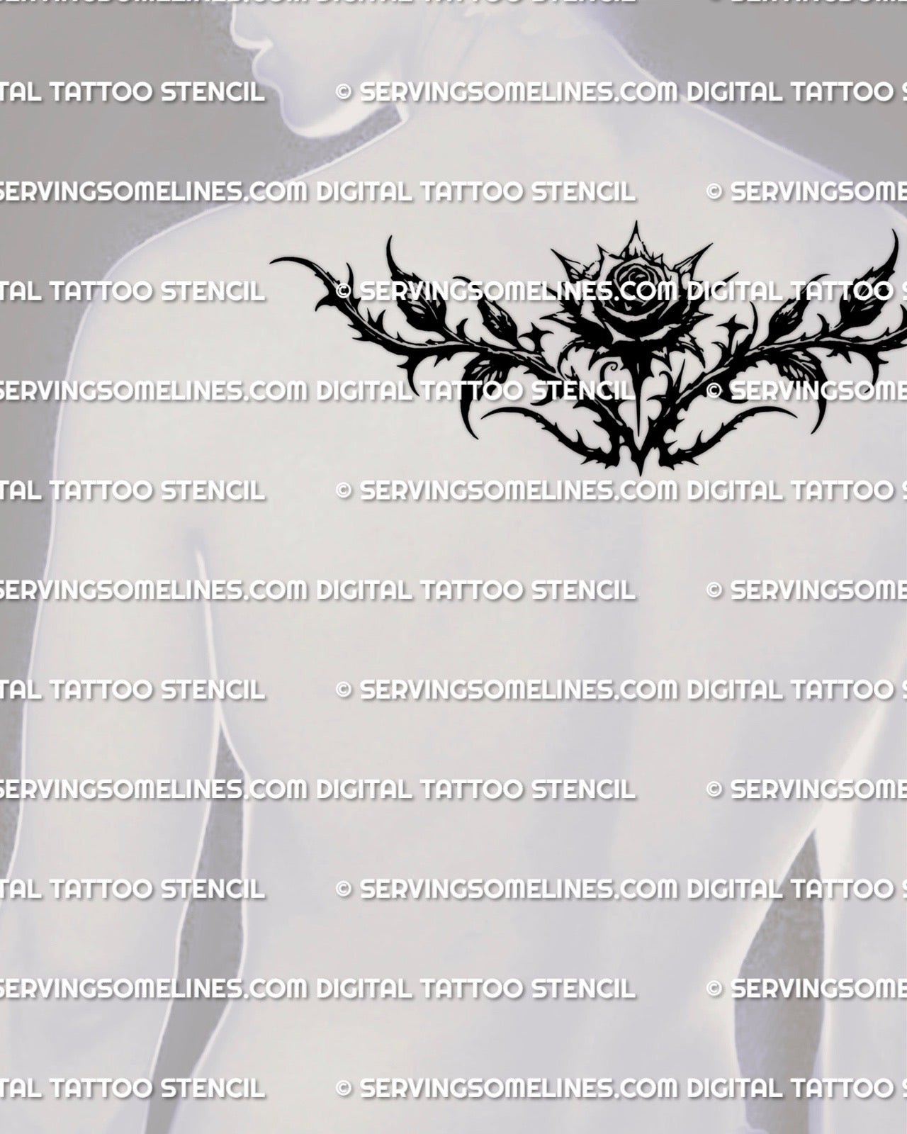 blackwork gothic rose tattoo stencil for men displayed on upper back placement, thorned dark rose artwork offered as a downloadable product for tattoo clients