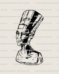 Blackwork Nefertiti tattoo stencil with gothic Egyptian queen styling, bold statue-like shading and cracked marble detail, digital tattoo design