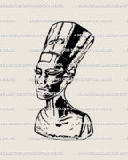 Blackwork Nefertiti tattoo stencil with gothic Egyptian queen styling, bold statue-like shading and cracked marble detail, digital tattoo design