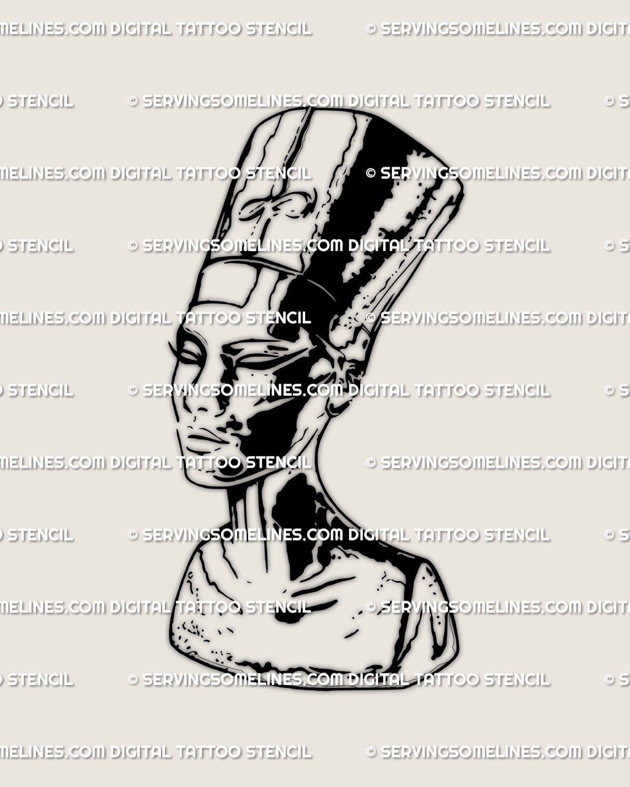 Blackwork Nefertiti tattoo stencil with gothic Egyptian queen styling, bold statue-like shading and cracked marble detail, digital tattoo design