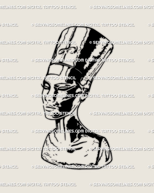 Blackwork Nefertiti tattoo stencil with gothic Egyptian queen styling, bold statue-like shading and cracked marble detail, digital tattoo design