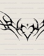 Close detail of blackwork neotribal heart lower back tattoo showing the heart center and filled neotribal framing
