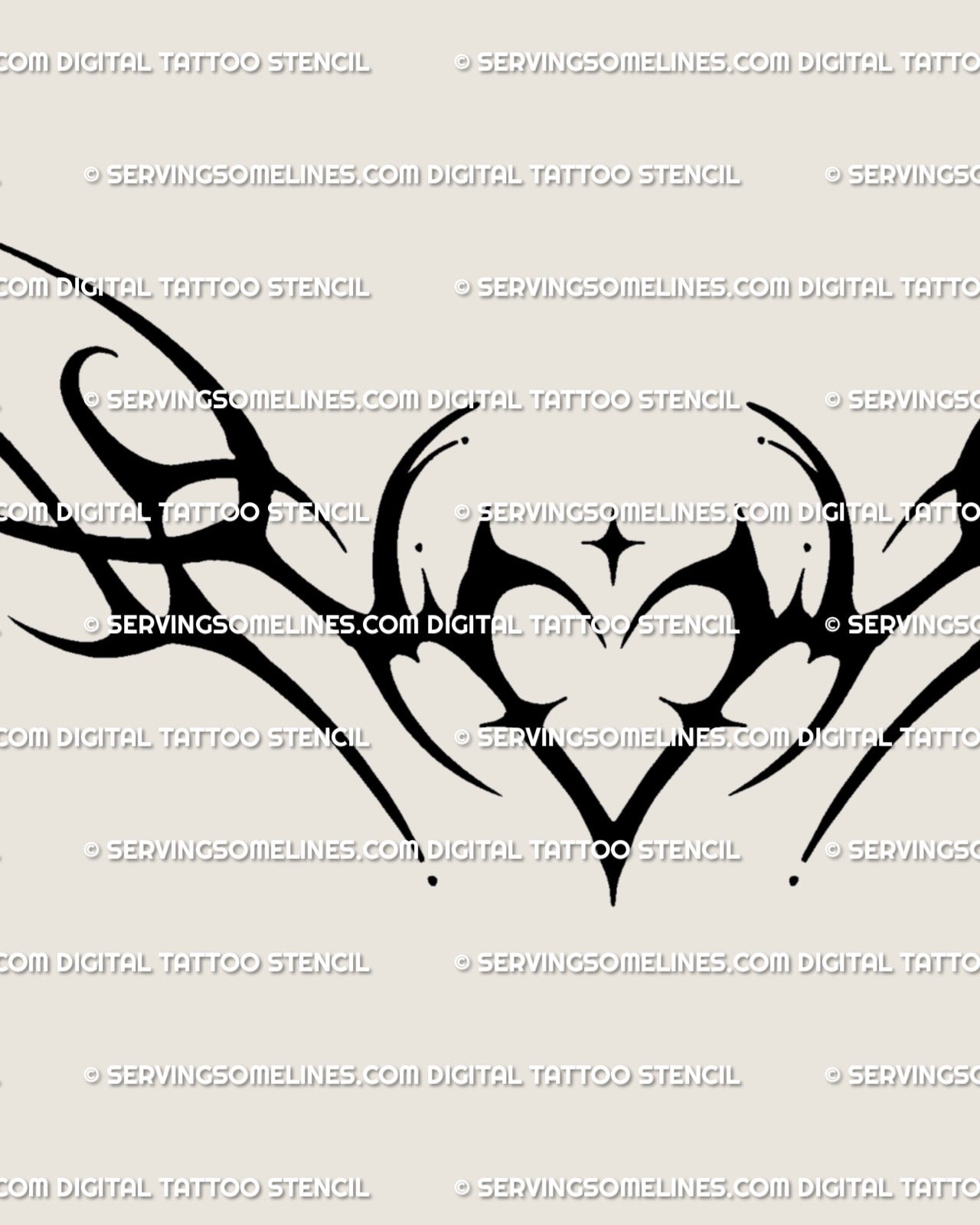 Close detail of blackwork neotribal heart lower back tattoo showing the heart center and filled neotribal framing