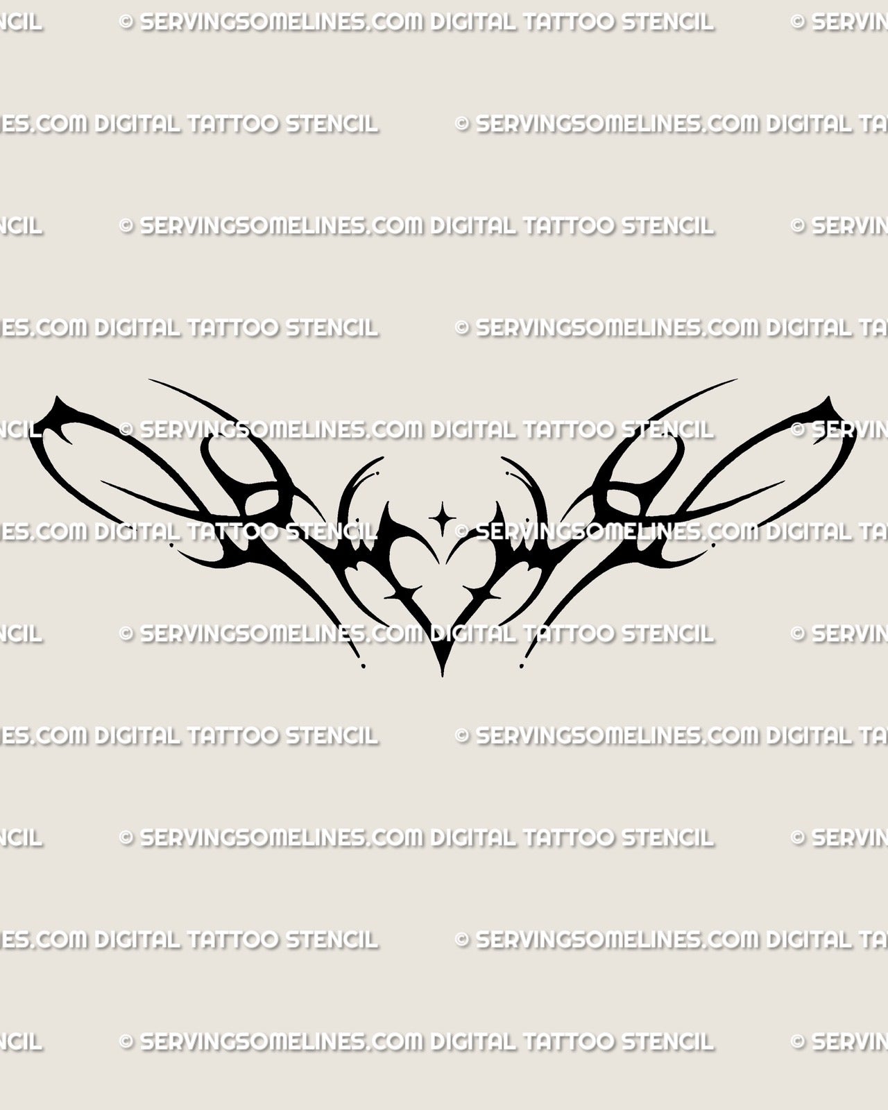 Blackwork neotribal heart lower back tattoo stencil design with a centered heart, solid black fill, and sleek tramp stamp shape