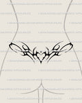 Blackwork neotribal heart lower back tattoo shown on lower back placement with a clear heart center and sleek filled spread