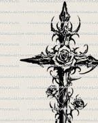 Close detail of rose and thorn cross tattoo stencil showing sharp blackwork linework and floral elements for precise tattoo placement.