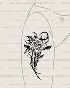 Blackwork rose tattoo shown on feminine thigh placement with a clear bloom and heavier dark floral flow