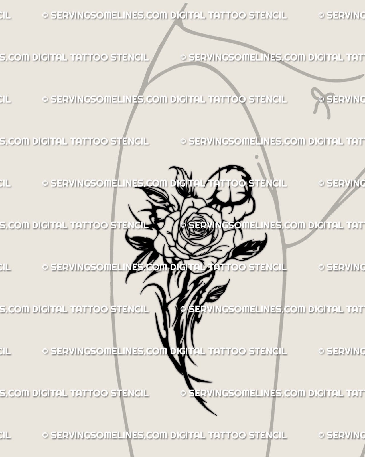 Blackwork rose tattoo shown on feminine thigh placement with a clear bloom and heavier dark floral flow