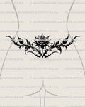 Blackwork rose tramp stamp tattoo shown on feminine lower back placement with a centered bloom and bold pointed spread