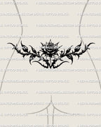 Blackwork rose tramp stamp tattoo shown on feminine lower back placement with a centered bloom and bold pointed spread