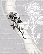 Blackwork skull rose tattoo stencil displayed on a forearm placement, heavy gothic shading and bold skull rose details created for professional tattoo use