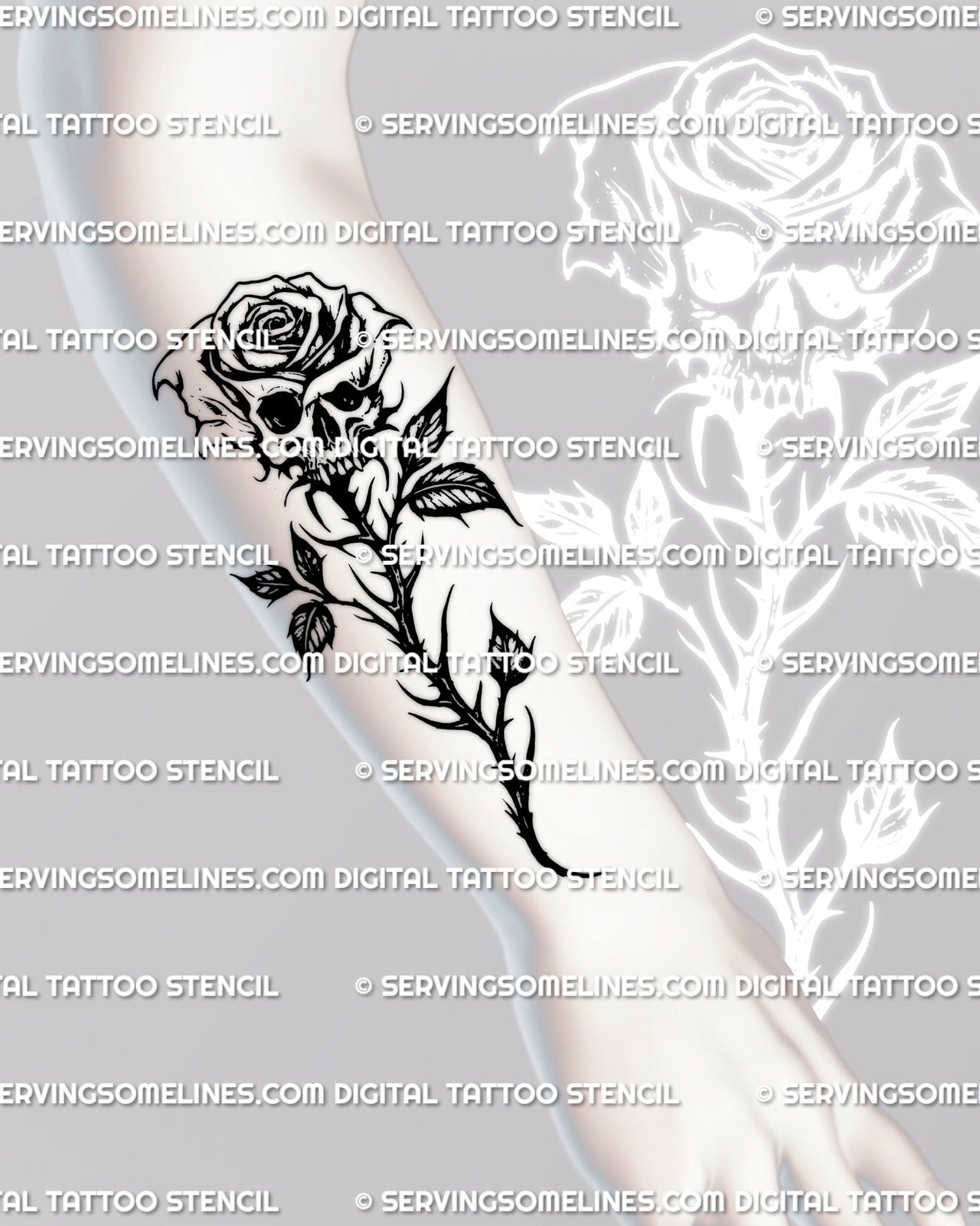 Blackwork skull rose tattoo stencil displayed on a forearm placement, heavy gothic shading and bold skull rose details created for professional tattoo use