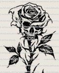 Blackwork skull rose tattoo stencil shown as a full dark gothic layout, bold floral skull details made for professional stencil use 