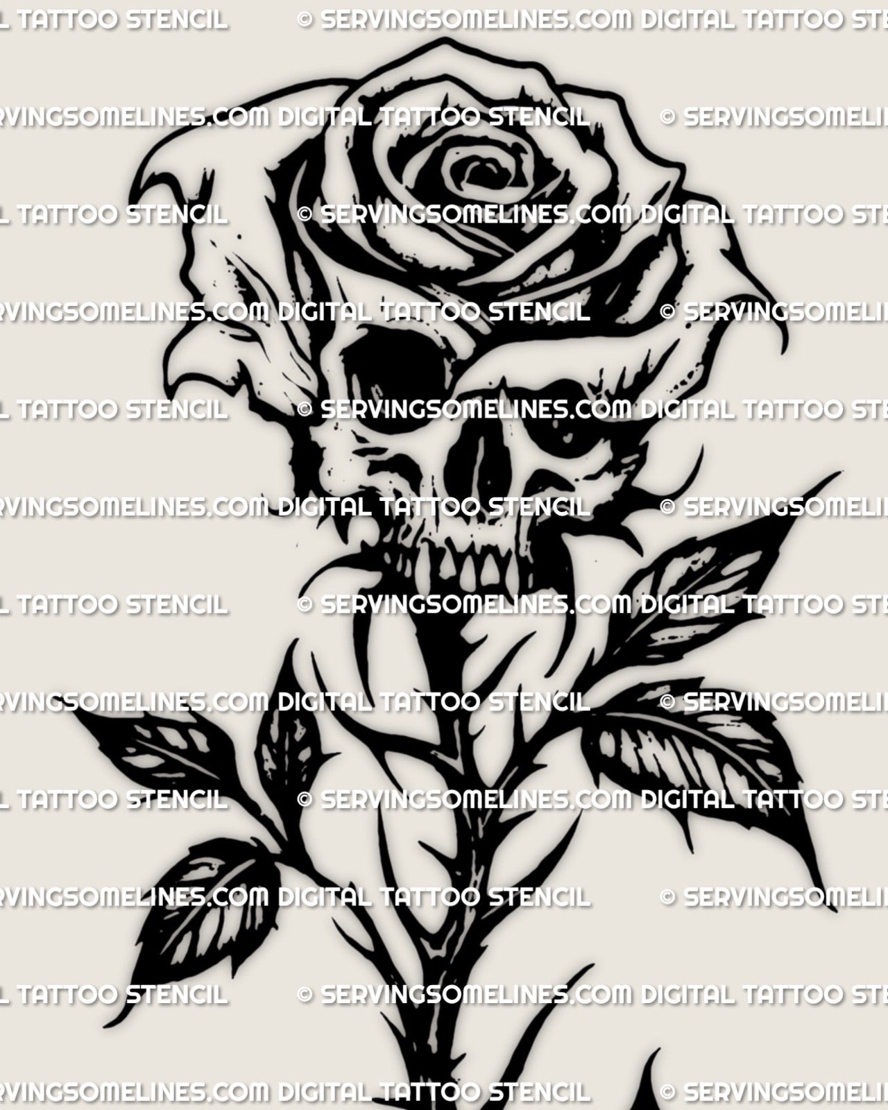 Blackwork skull rose tattoo stencil shown as a full dark gothic layout, bold floral skull details made for professional stencil use 