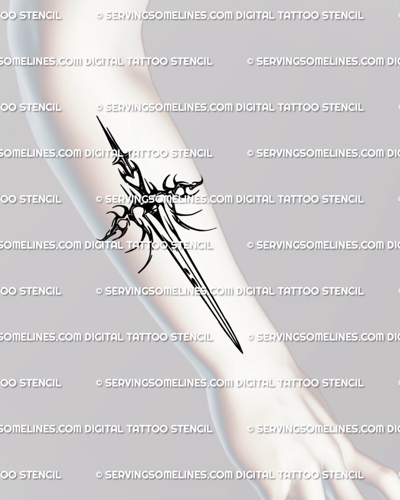 Blackwork sword tattoo stencil with heart detail, shown on forearm placement example, clean lines.