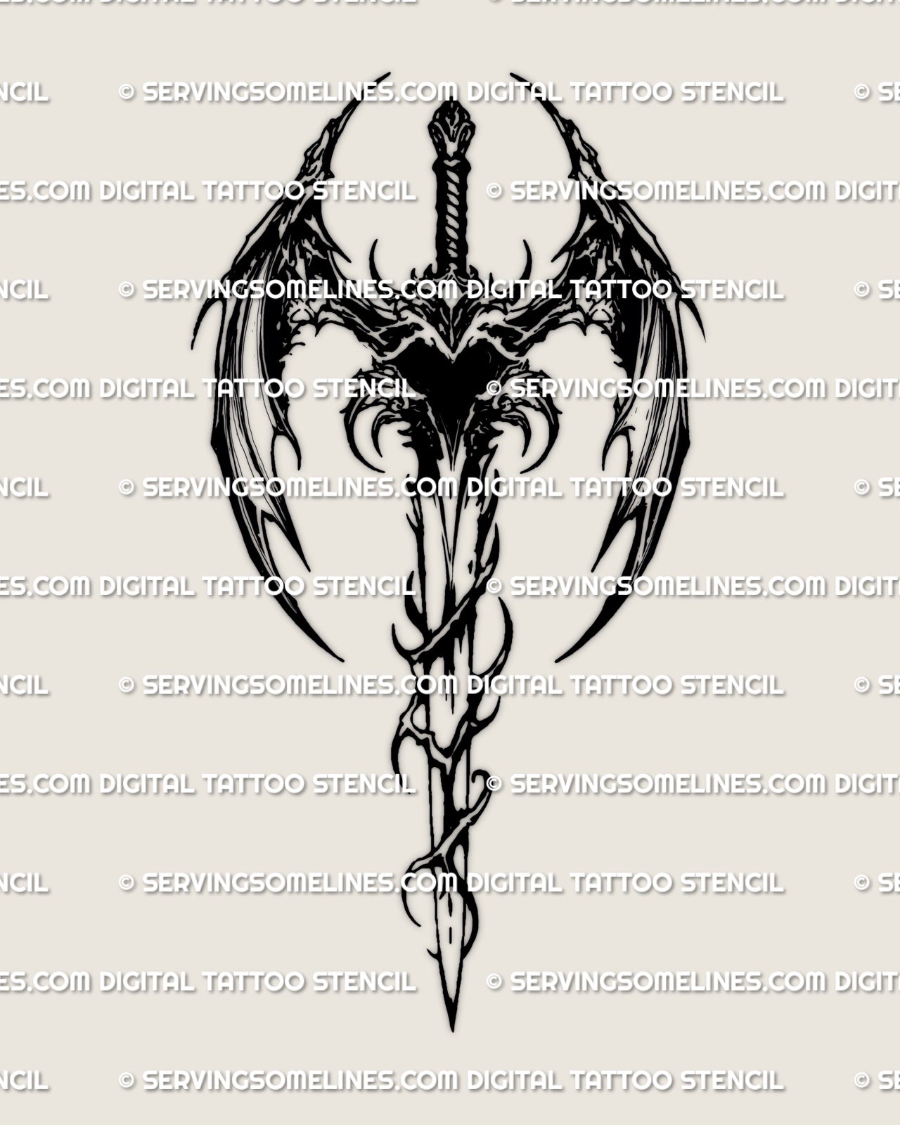 Blackwork sword tattoo design showing thorn wrapped blade and aggressive weapon symbolism, digital stencil artwork
