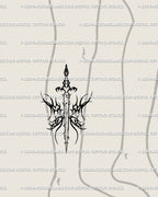 Blackwork sword tattoo stencil shown on calf placement, neotribal sword with spiked wing panels, vertical fit.