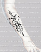 Blackwork sword tattoo stencil shown on forearm placement, abstract ink splash linework around the guard. 