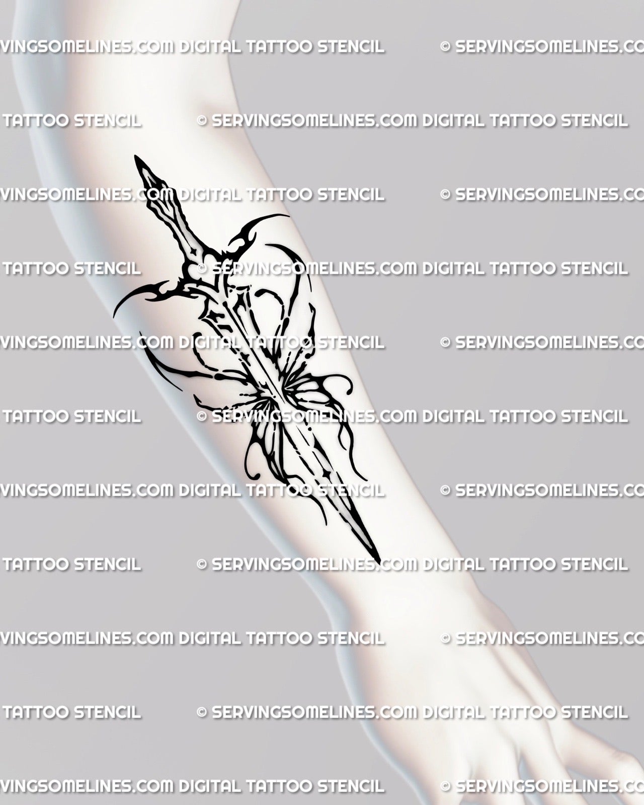 Blackwork sword tattoo stencil shown on forearm placement, abstract ink splash linework around the guard. 