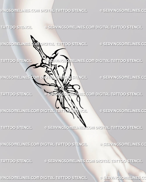 Blackwork sword tattoo stencil shown on forearm placement, abstract ink splash linework around the guard. 