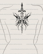 Blackwork sword tattoo stencil displayed on upper back placement example, wing sword silhouette with spiked panels.