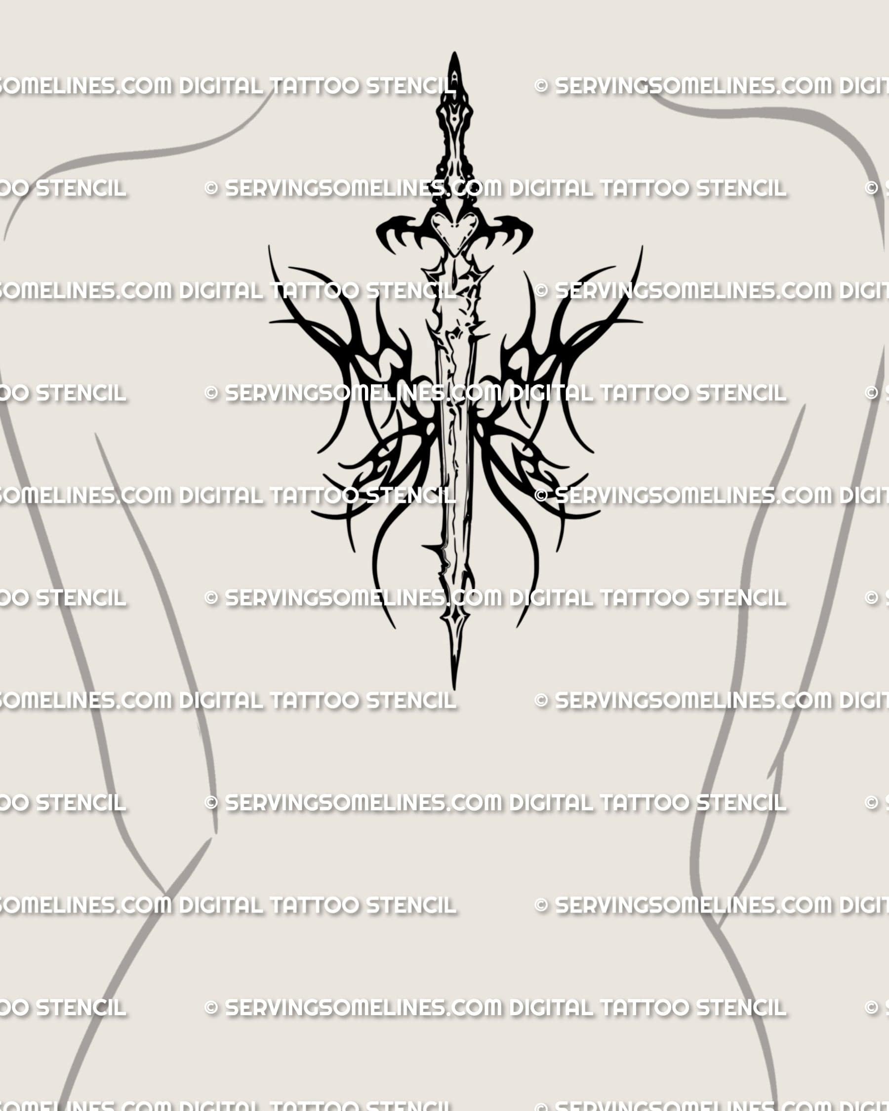 Blackwork sword tattoo stencil displayed on upper back placement example, wing sword silhouette with spiked panels.