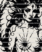 Gothic witch portrait flash art, blackwork witchcore tattoo stencil framed by ornamental thorns and medieval-inspired linework.