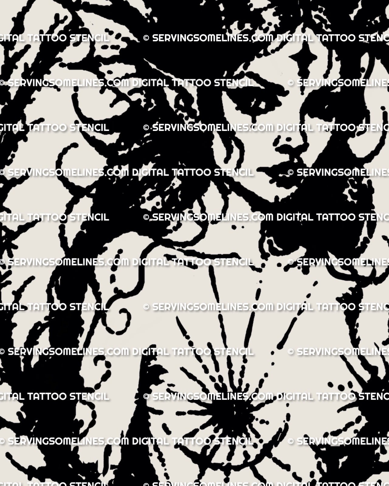 Gothic witch portrait flash art, blackwork witchcore tattoo stencil framed by ornamental thorns and medieval-inspired linework.