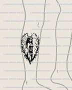 Blackwork dark fairy tattoo placed on lower leg, showing wings and thorn frame detail, a gothic witch tattoo design with haunting balance.