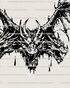 Close up of blackwork dragon tattoo, gothic hydra heads and wings in detailed fantasy linework showing mythic power and structure.